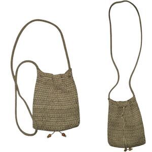 Tan Knit Crossbody Hobo Boho Bucket Bag Drawstring Woven Shoulder Purse